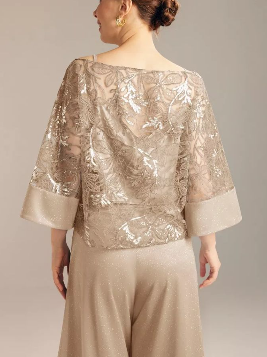 Champagne Sequin Blouse & Wide-Leg Pants Set