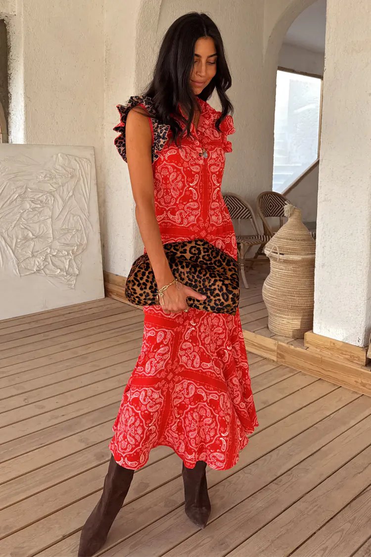 Red Bandana Remi Dress With Leopard Sleeve