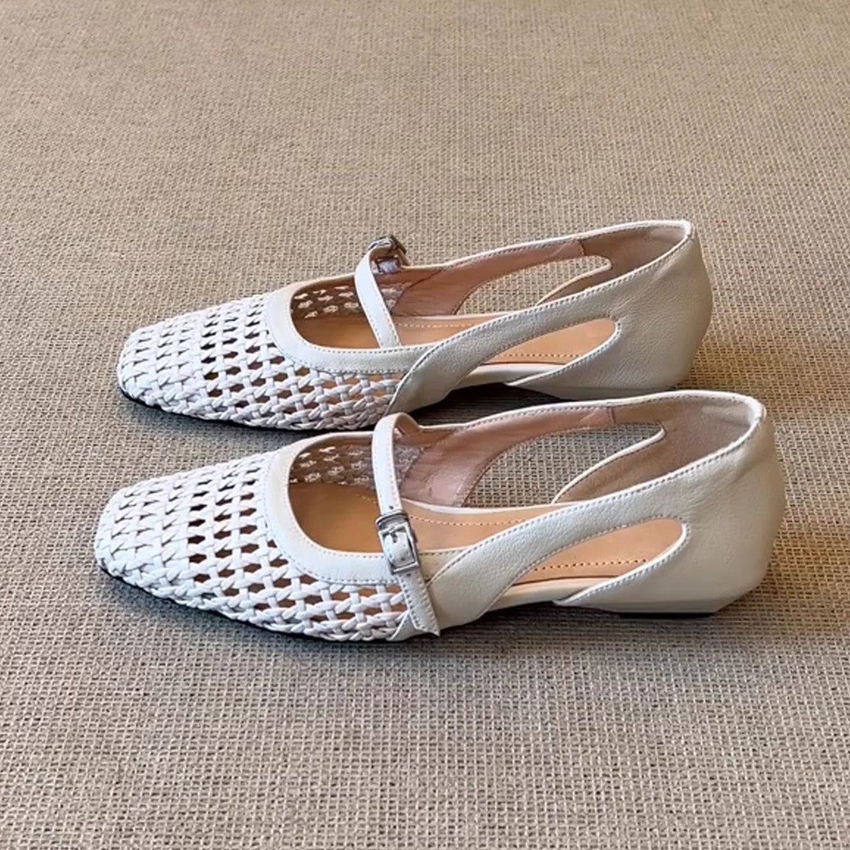 Vintage Woven Mesh Square-Toe Mary Jane Flats | Cutout Soft Sole Buckle Shoes