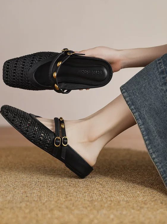 Woven Square-Toe Double Strap Mules | Vintage-Inspired Breathable Flats