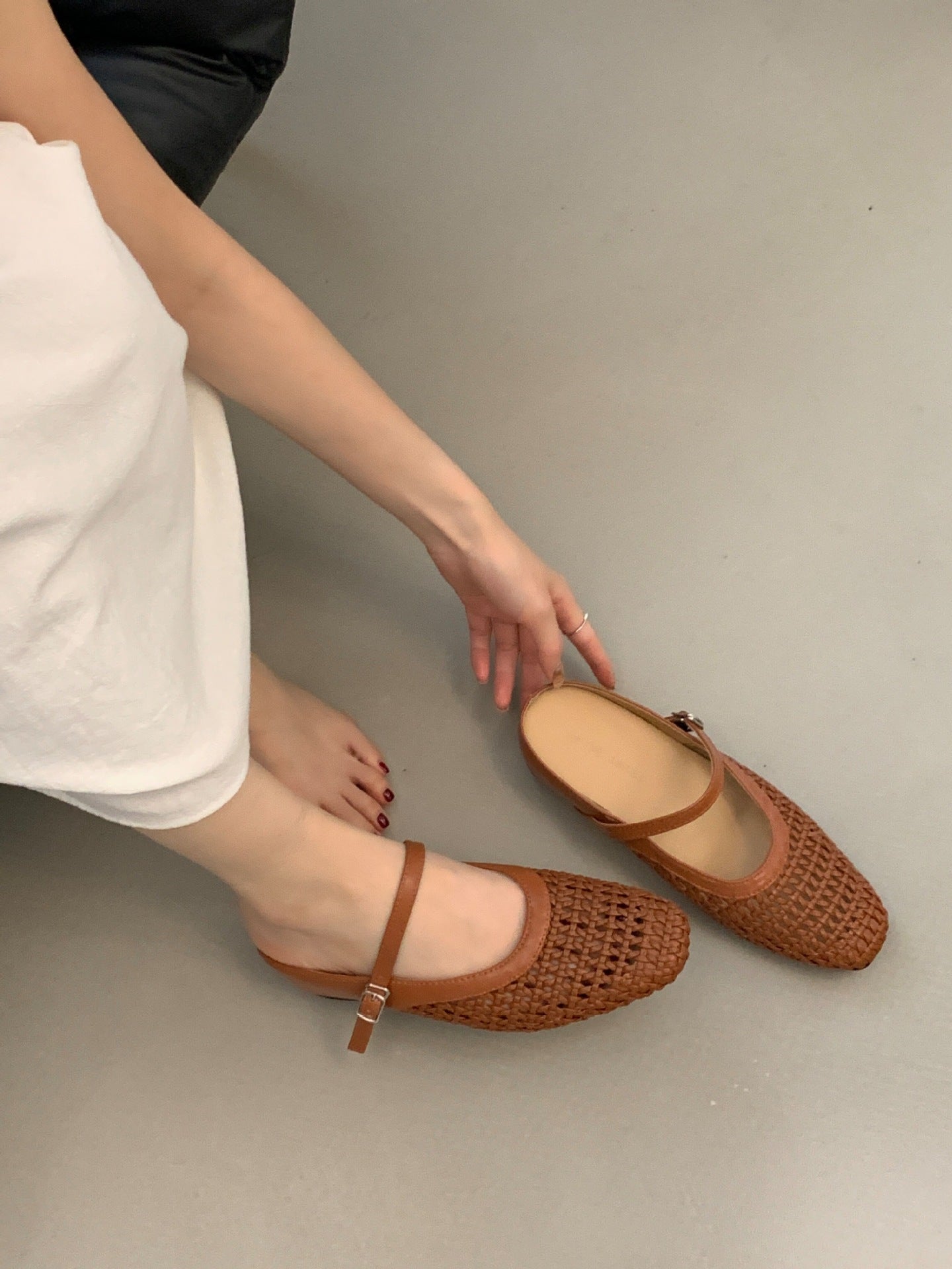 Woven Square-Toe Mary Jane Mules | Breathable Low-Heel Summer Flats
