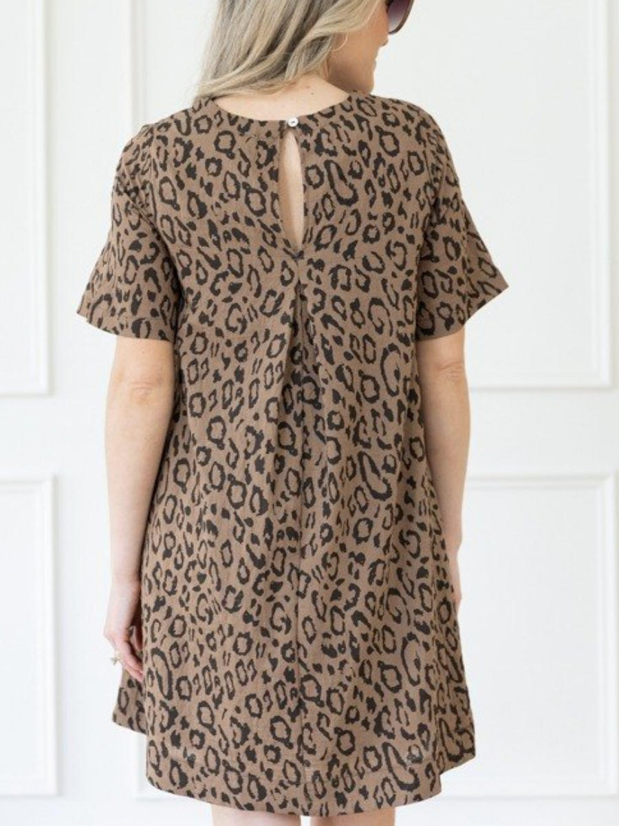 Leopard Print Linen-Blend Shift Dress