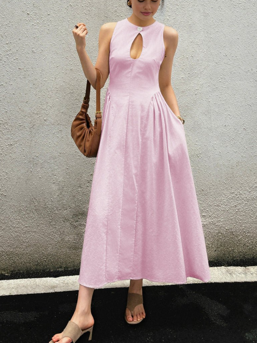Cotton & Linen Pleated Cutout Long Dress
