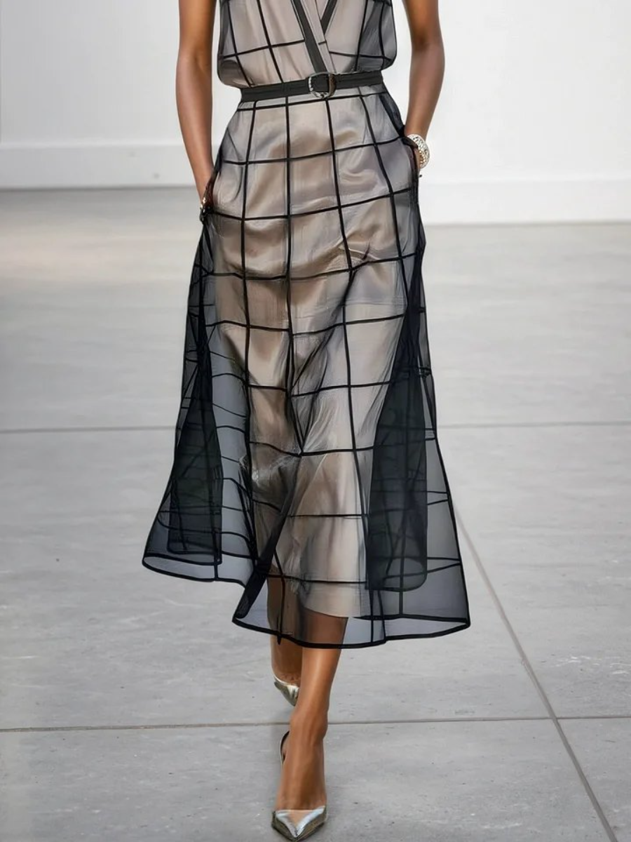 Women's Lapel V Neck Sleeveless Belted Maxi Dress