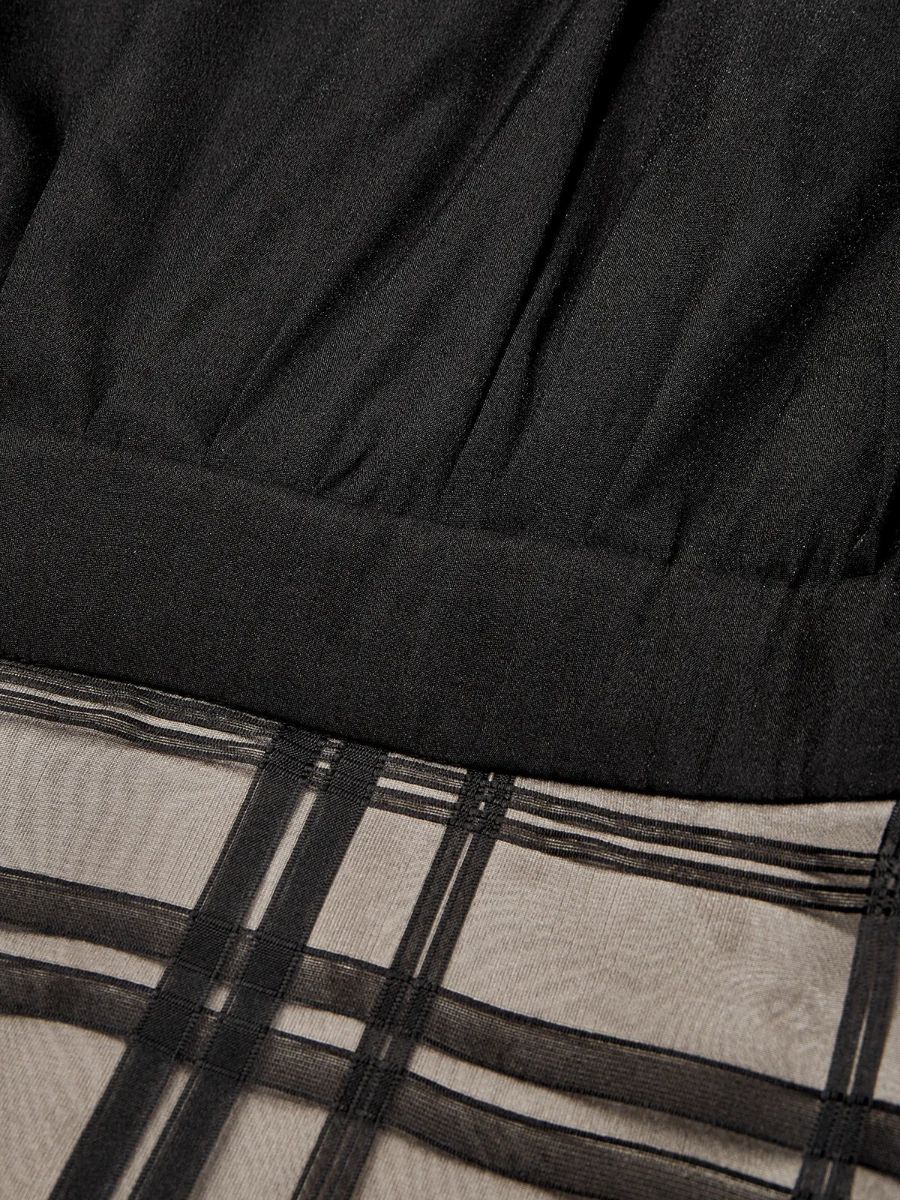 Black Organza Plaid Classic Mock Neck Sleeveless A-Line Midi Dress