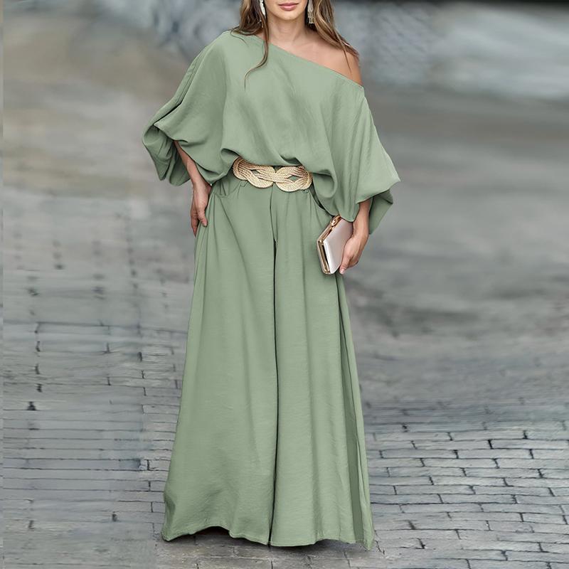2026 Women's Skew Neck Lantern Sleeve Top & Wide Leg Pants Set
