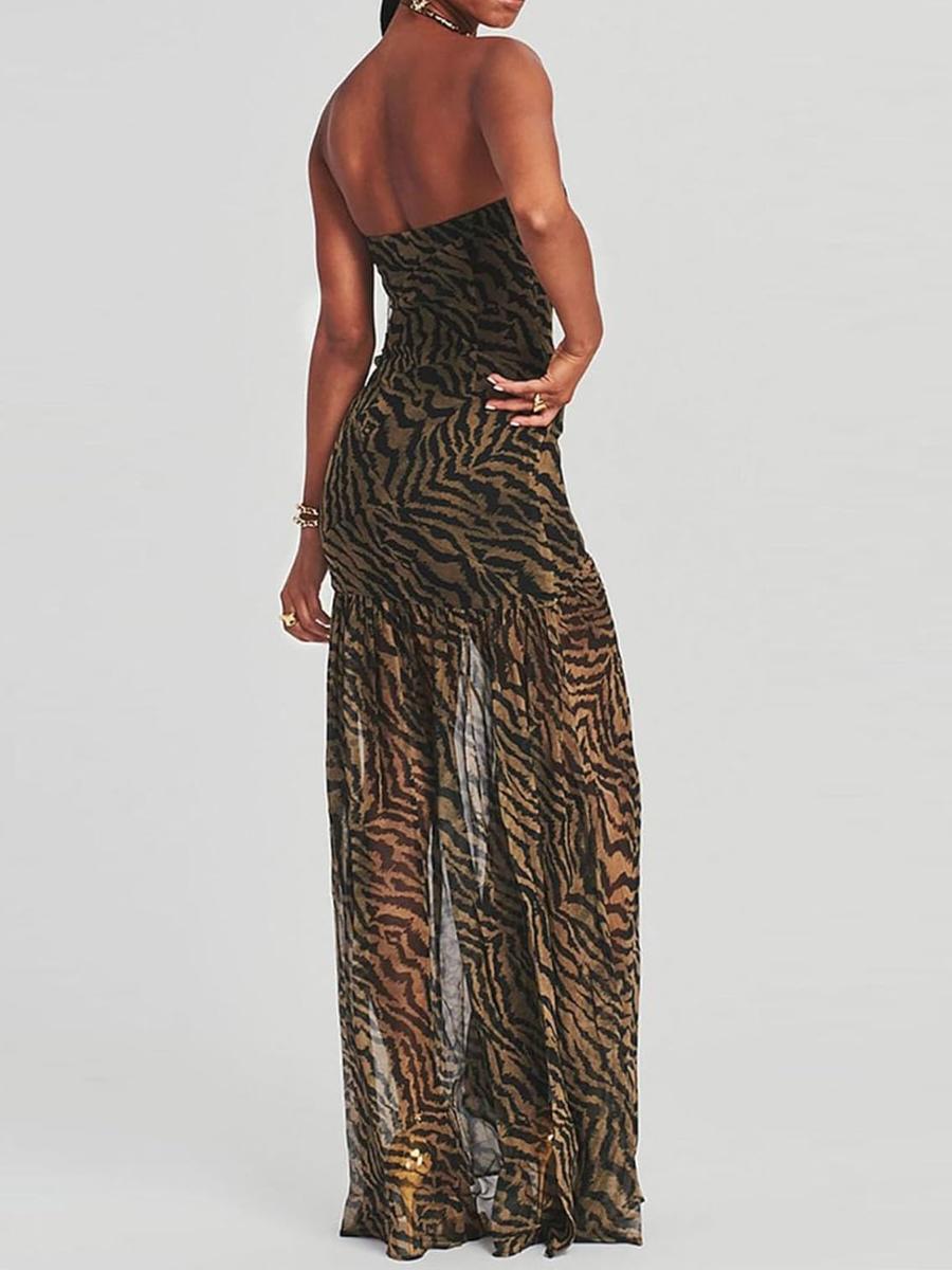 Leopard Mesh Strapless Backless Bodycon Dress