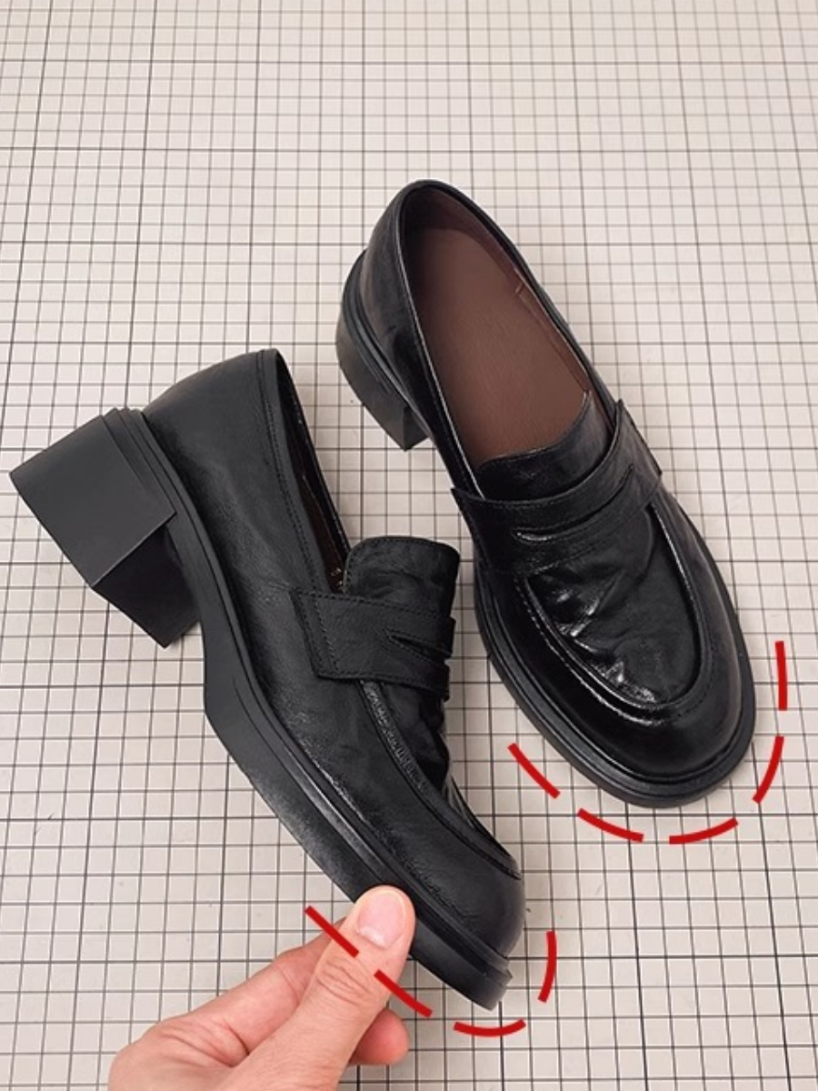 Chunky Heel Leather Penny Loafers | Square-Toe Block Heel Shoes for Women
