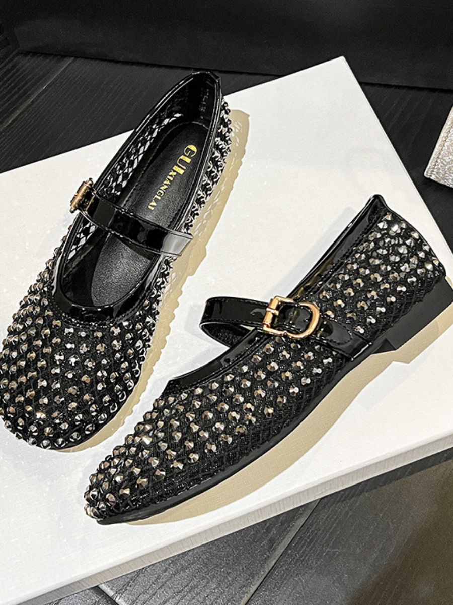Rhinestone Mesh Mary Jane Flats for Women | Sparkly Breathable Mary Jane Shoes