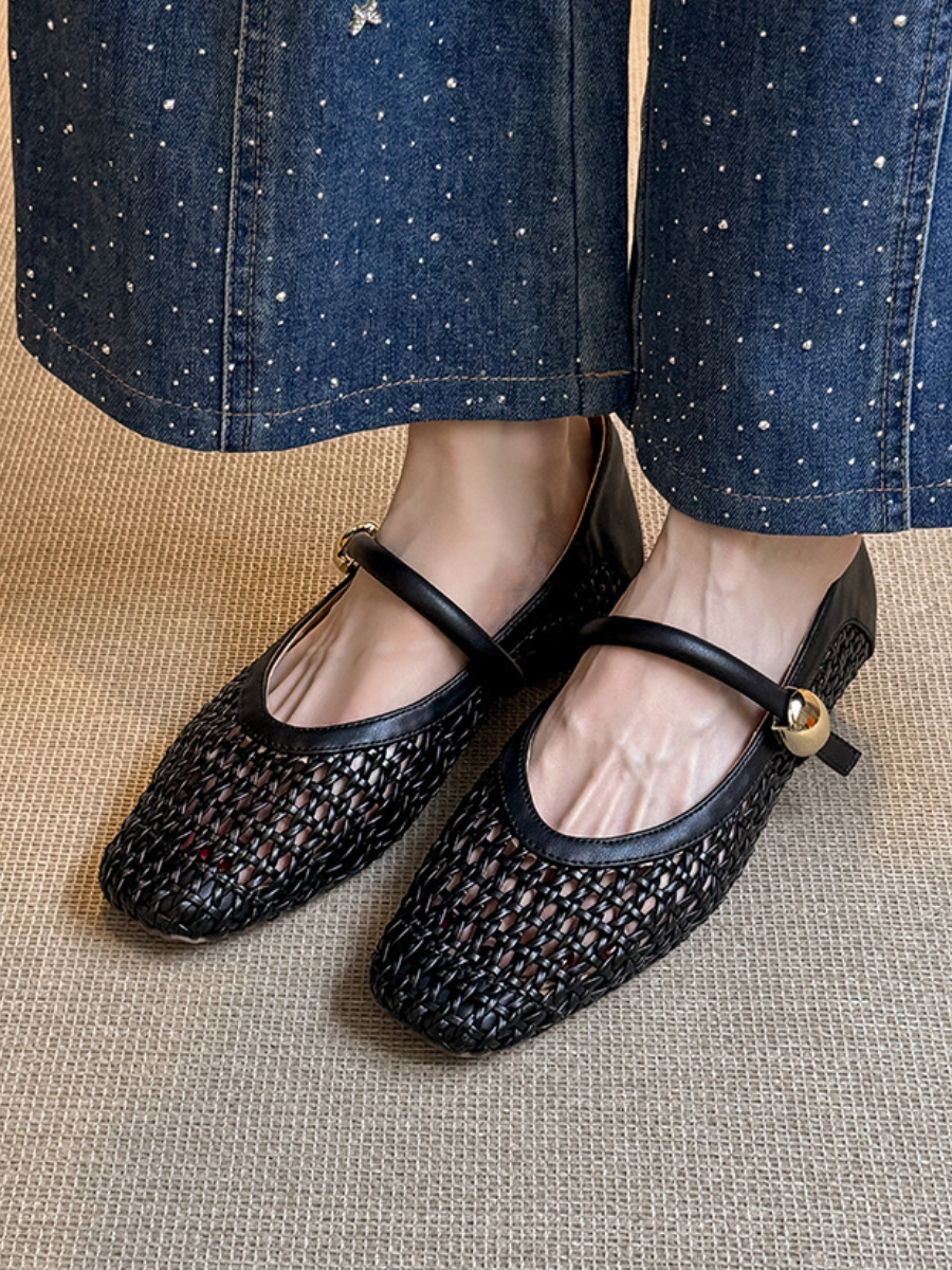Crochet Woven Mary Jane Flats | Square Toe Breathable Ballet Flats