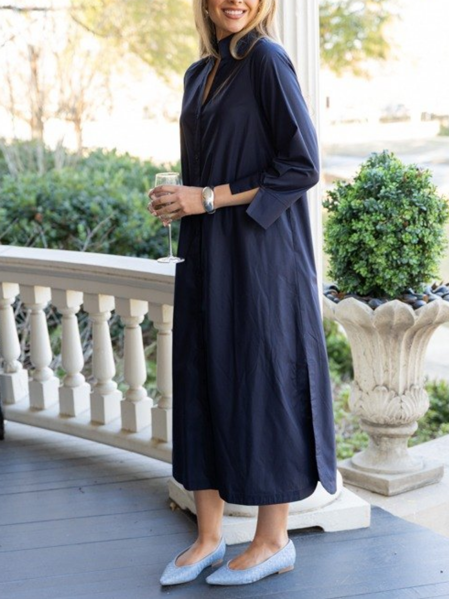Navy Cotton Poplin Shirt Maxi Dress