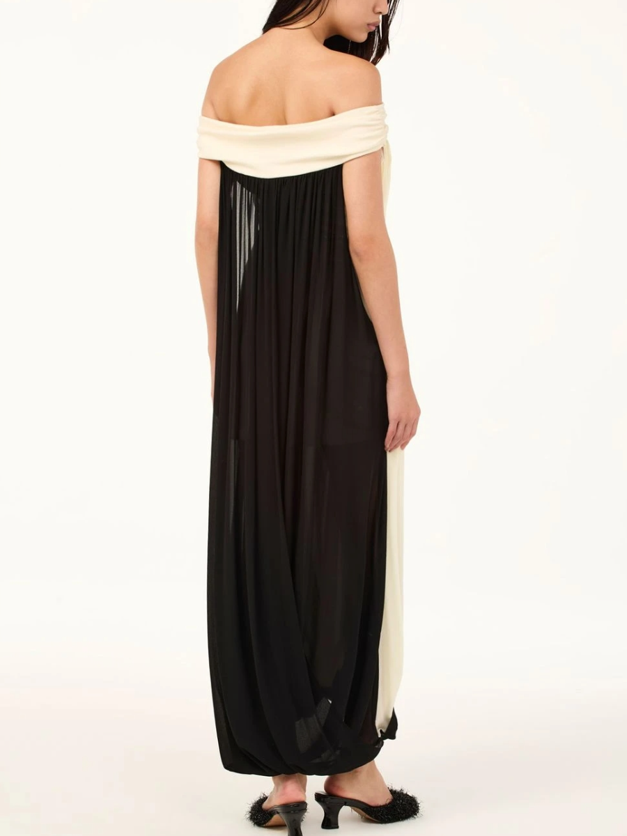 Monochrome Off-Shoulder Chiffon Maxi Dress