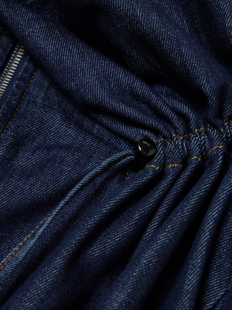 Ruffled Dark Denim Zip-Up Bomber Jacket
