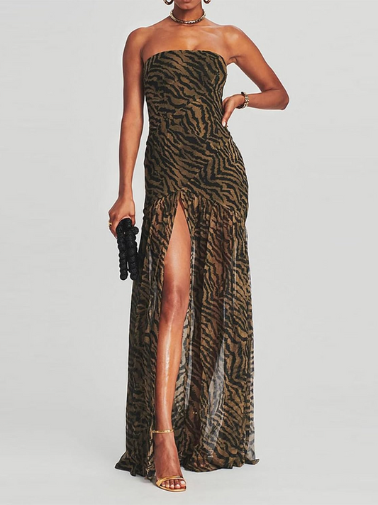 Leopard Mesh Strapless Backless Bodycon Dress