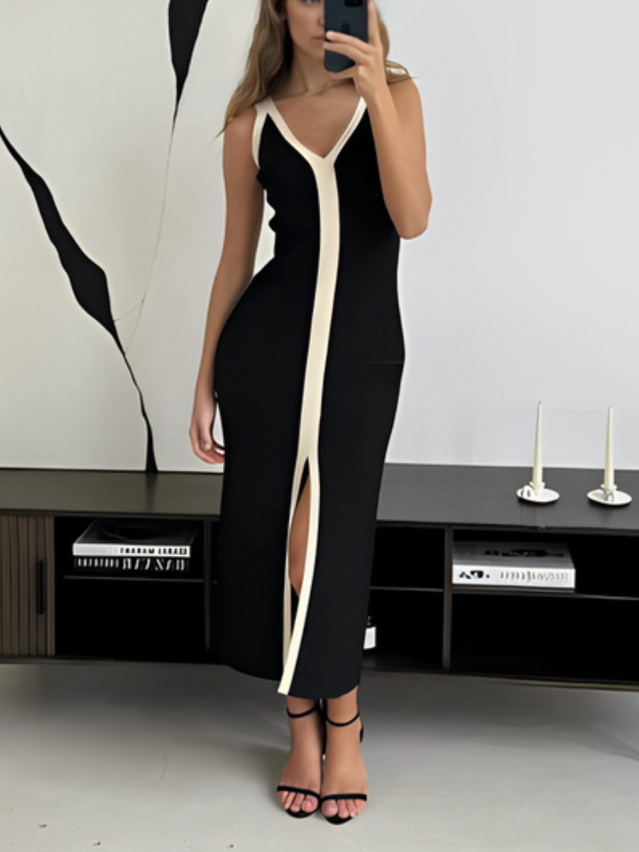 Sculpting Contrast V-Neck Ribbed Maxi Dress