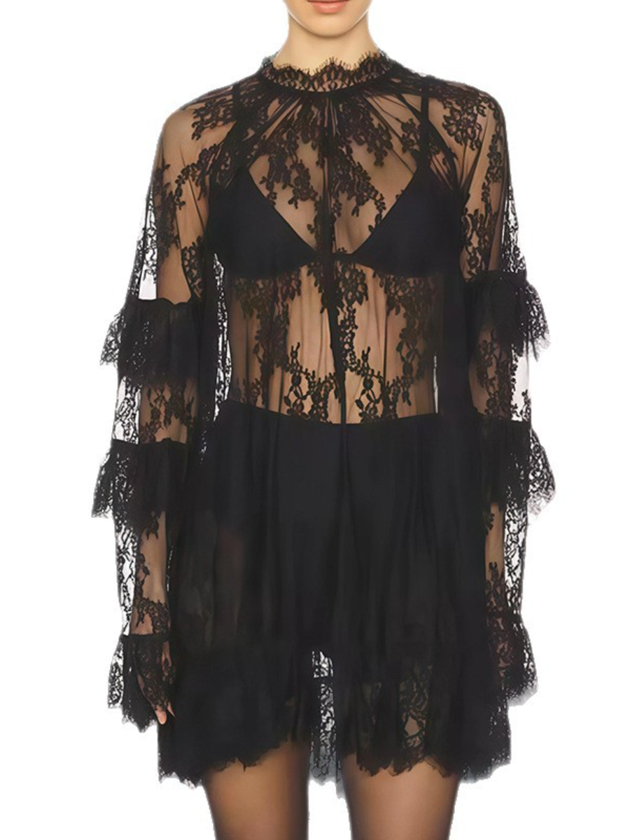 Sheer Lace Long Sleeve Mini Dress