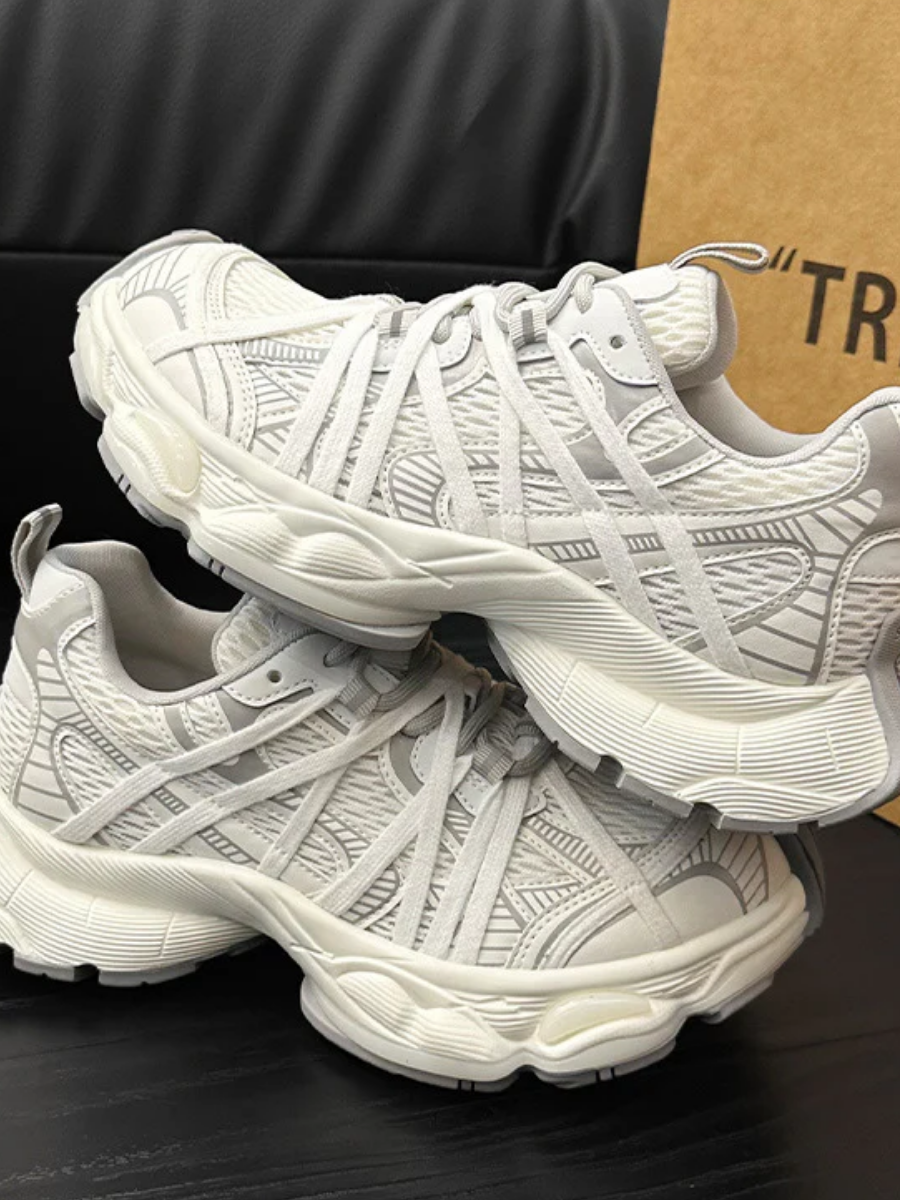 Retro Chunky Dad Sneakers for Women | Light Gray & Navy Athletic