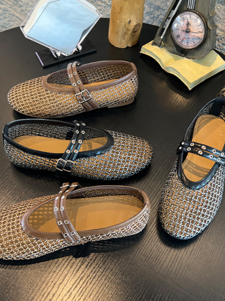 Mesh Mary Jane Flats | Breathable Studded Strap Ballet Flats
