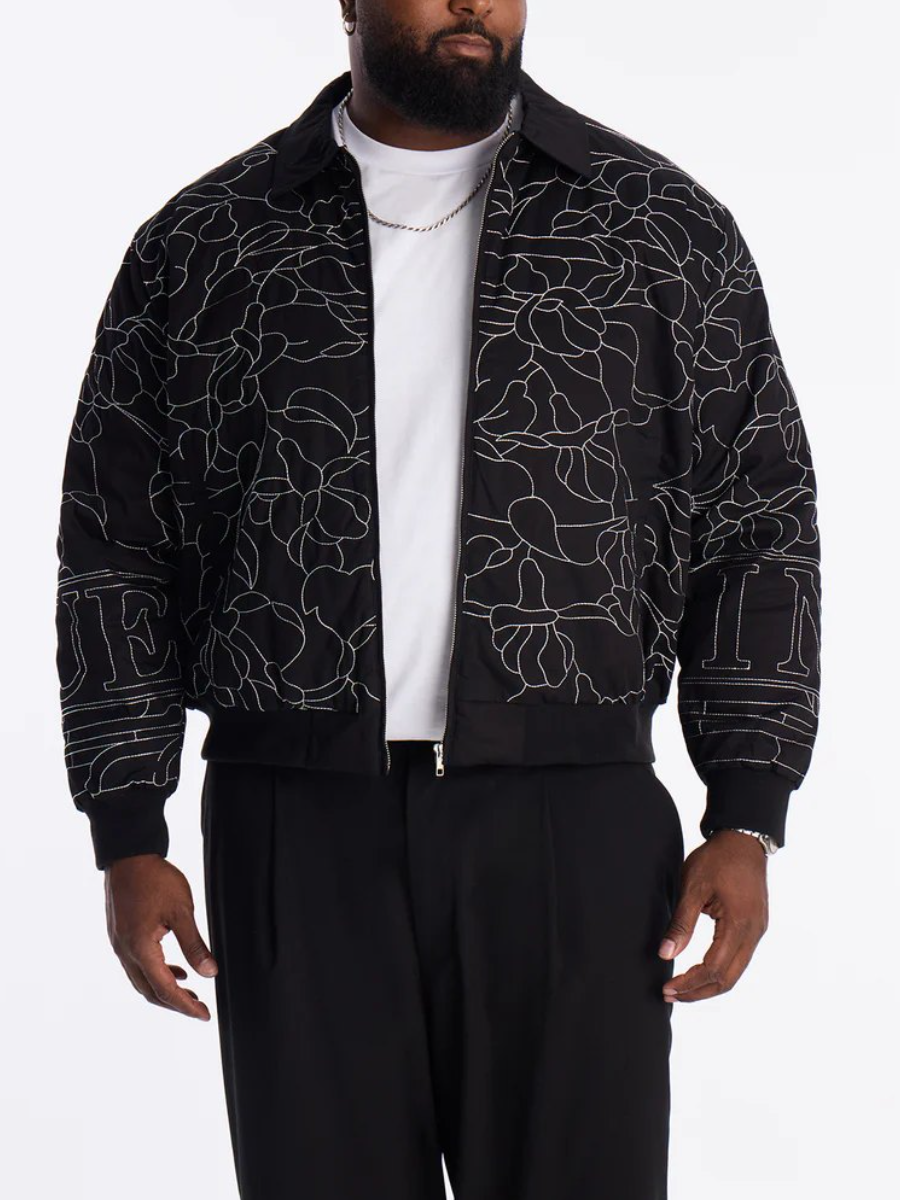 Men's Abstract Stitch Quilted Bomber Jacket - Black