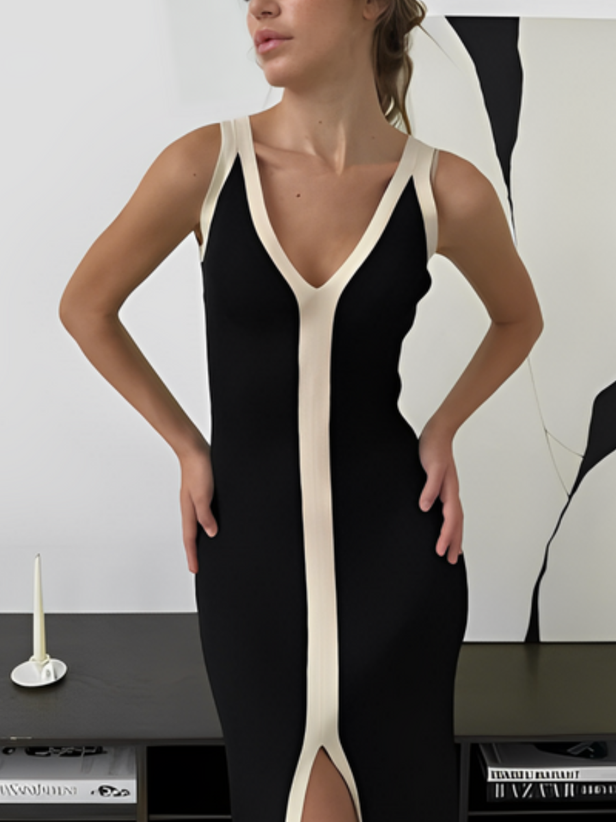 Sculpting Contrast V-Neck Ribbed Maxi Dress