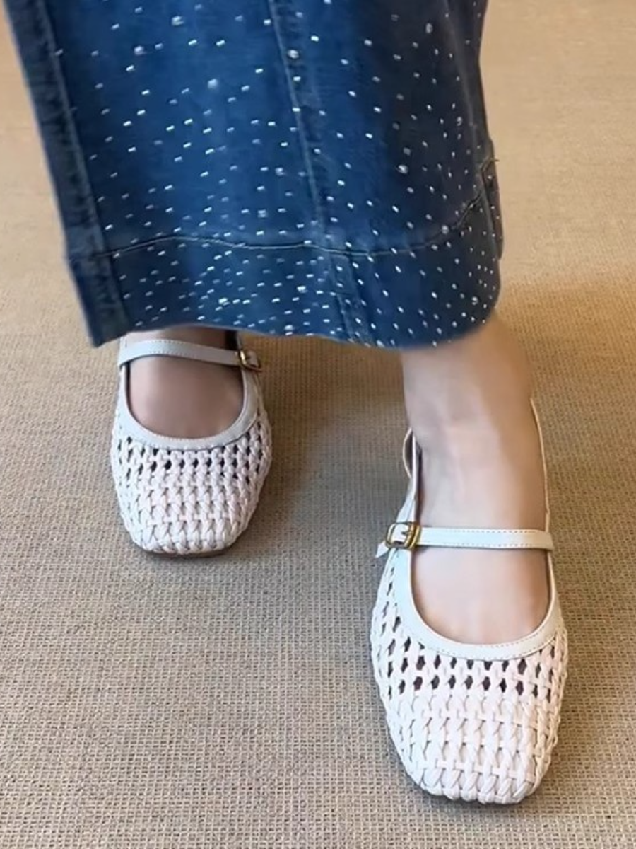 Woven Mesh Square Toe Mary Jane Block Heels | Cream Retro Comfort Pumps