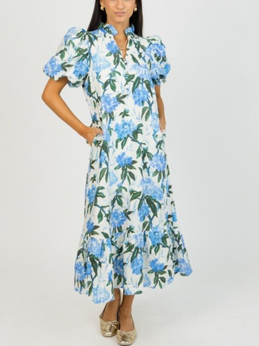 Blue Floral Puff Sleeve Midi Dress