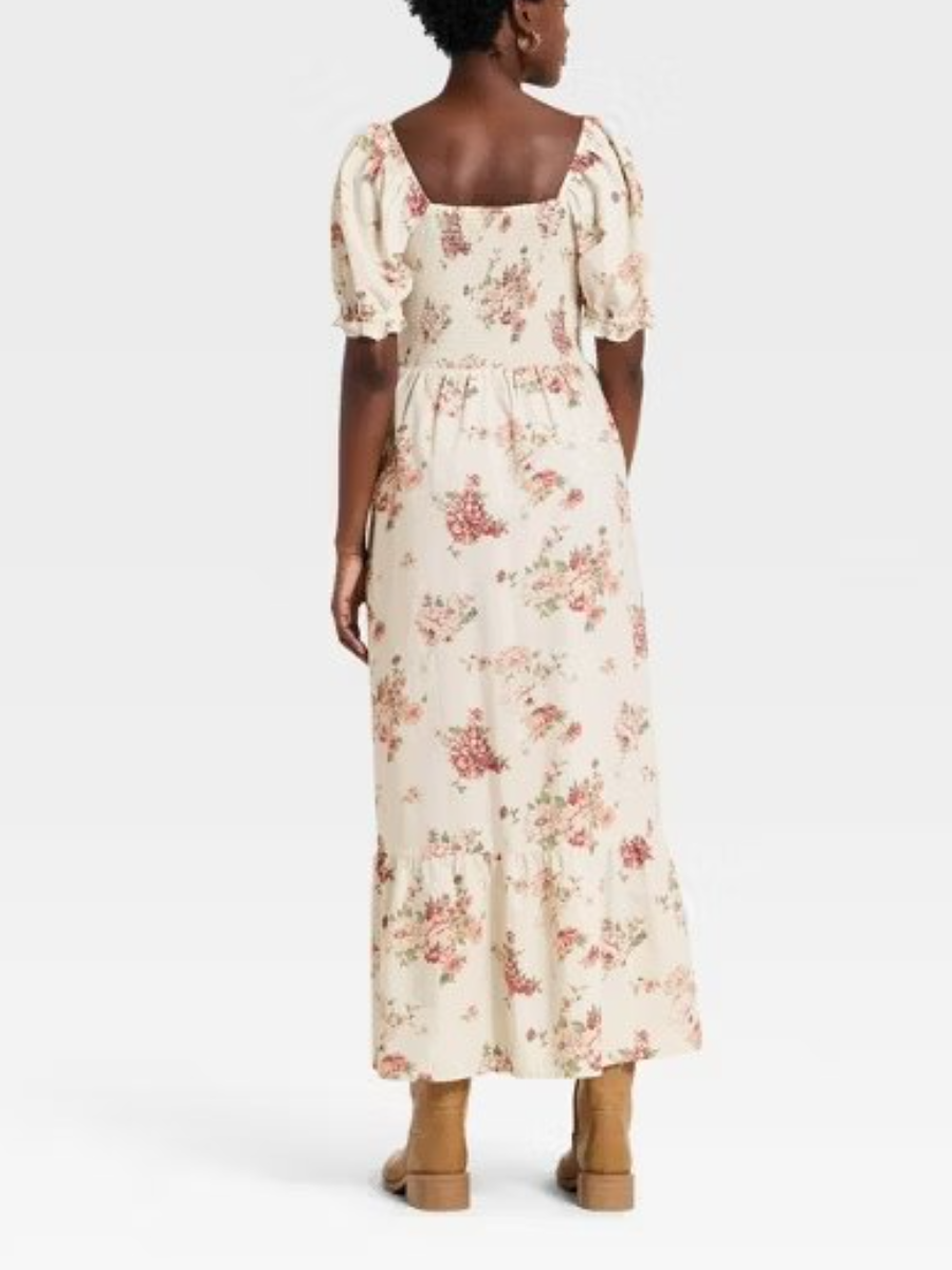 Western Puff Short Sleeve Smocked Midi A-Line Dress