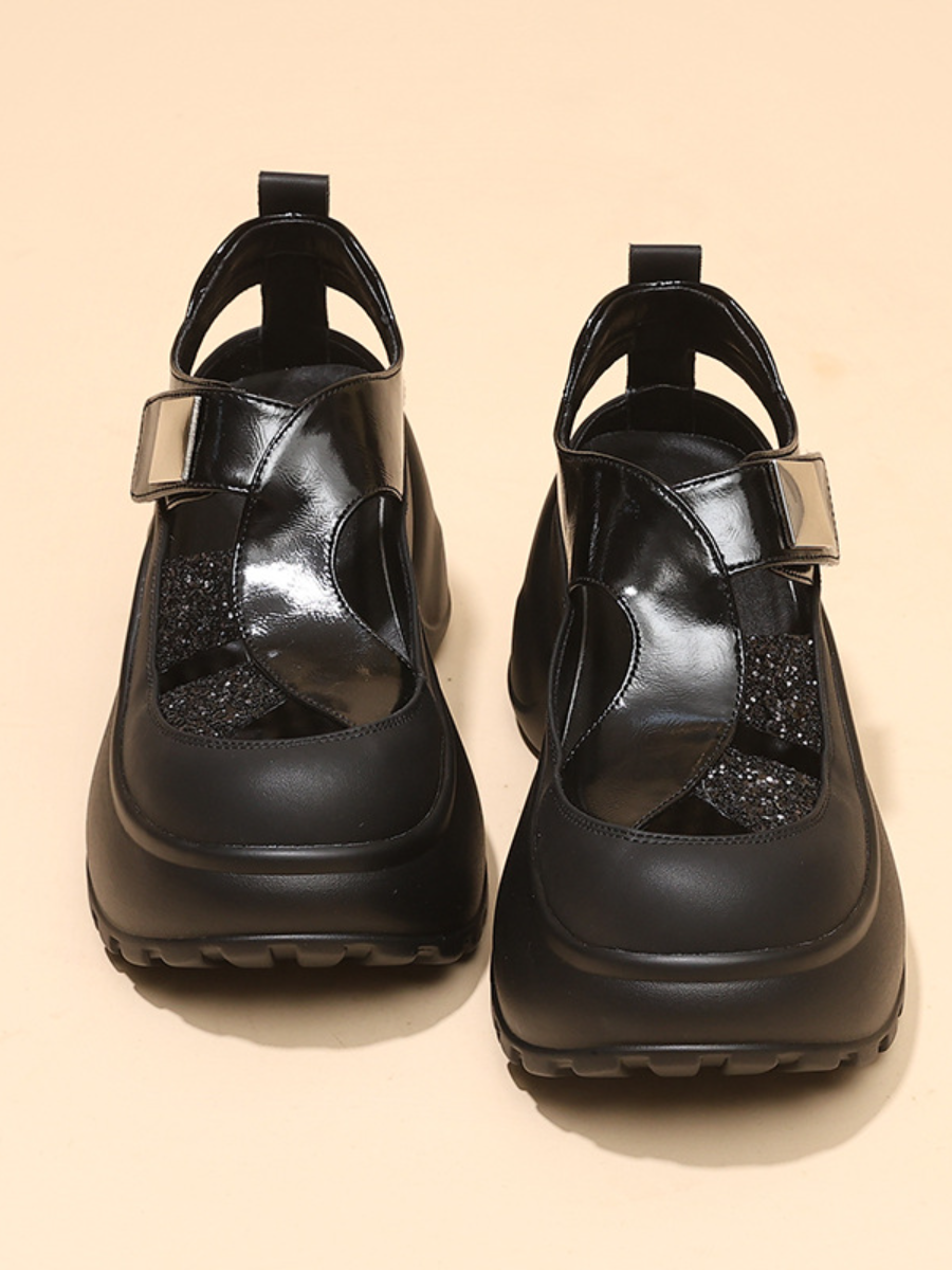 Glitter Platform Mary Jane Sandals | Chunky Wedge Heel with Studded Strap