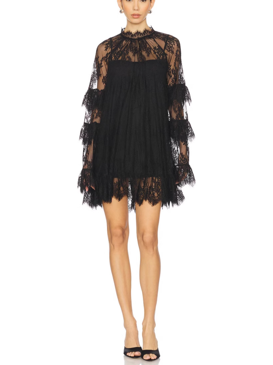Sheer Lace Long Sleeve Mini Dress