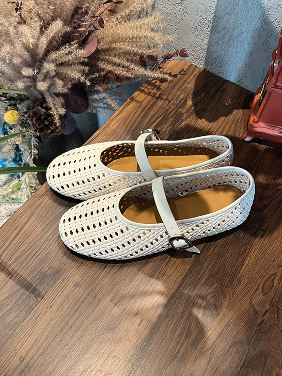 Breathable Woven Mary Jane Flats | Perforated Retro Buckle Loafers