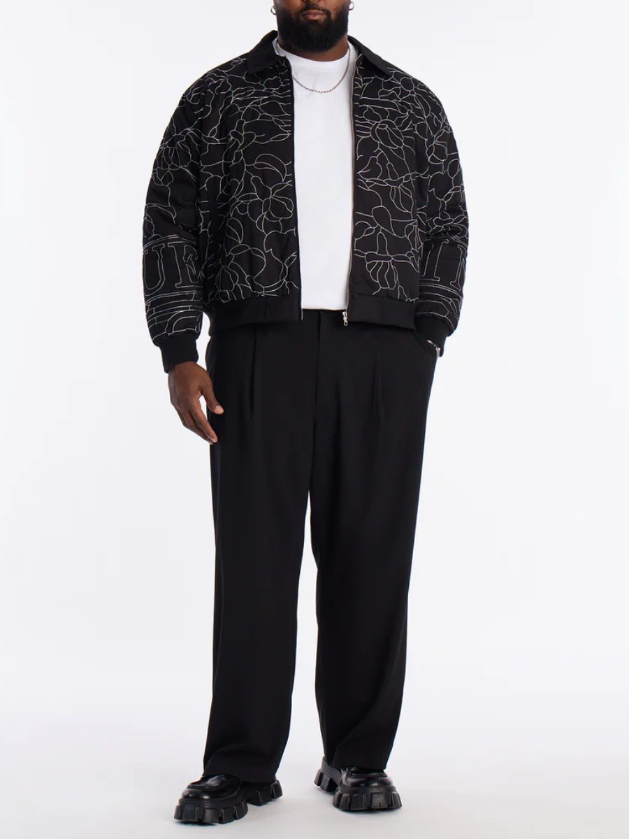 Men's Abstract Stitch Quilted Bomber Jacket - Black