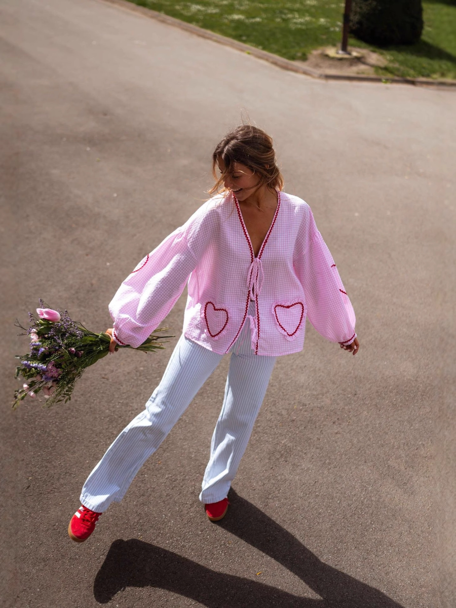 Heart Embroidered Plaid Bow-Tie Blouse
