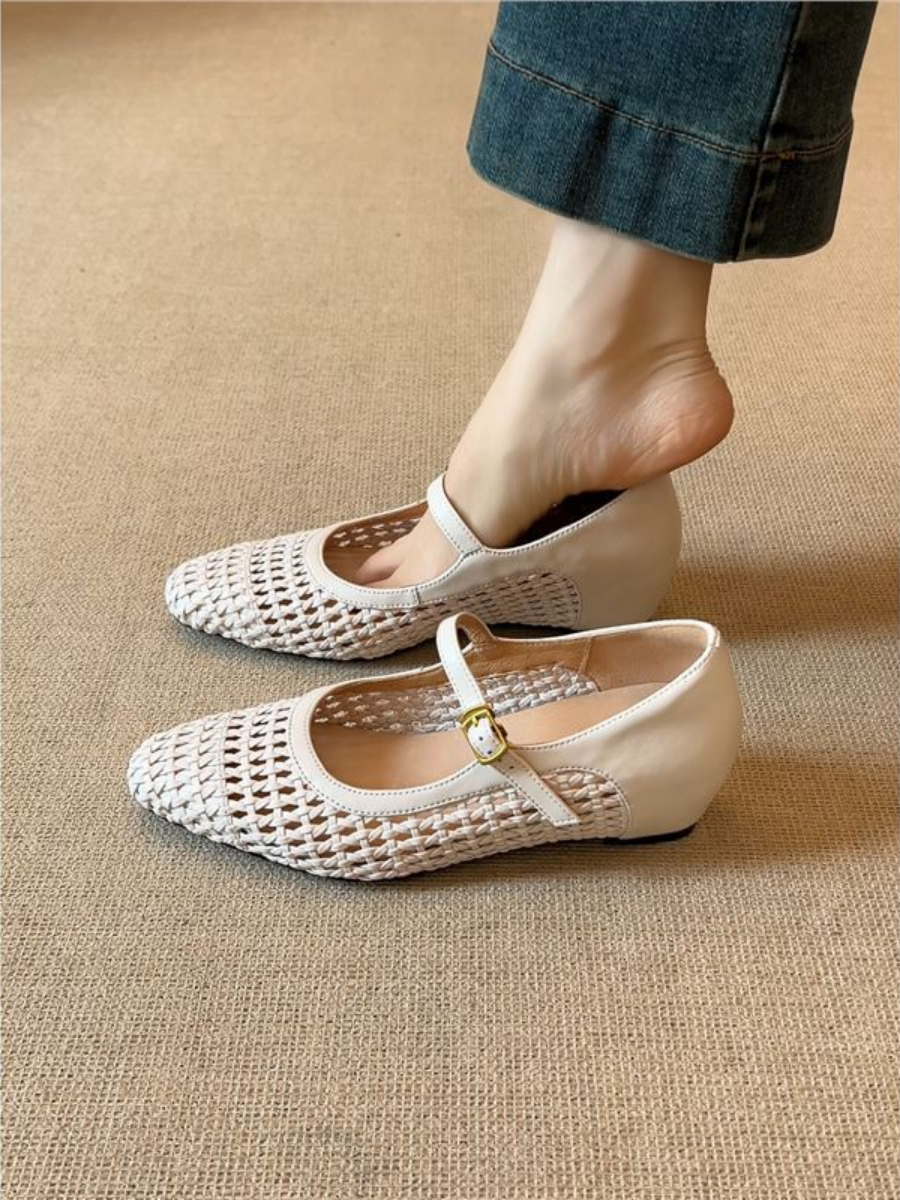 Woven Square-Toe Mary Jane Flats | Breathable Low-Heel Summer