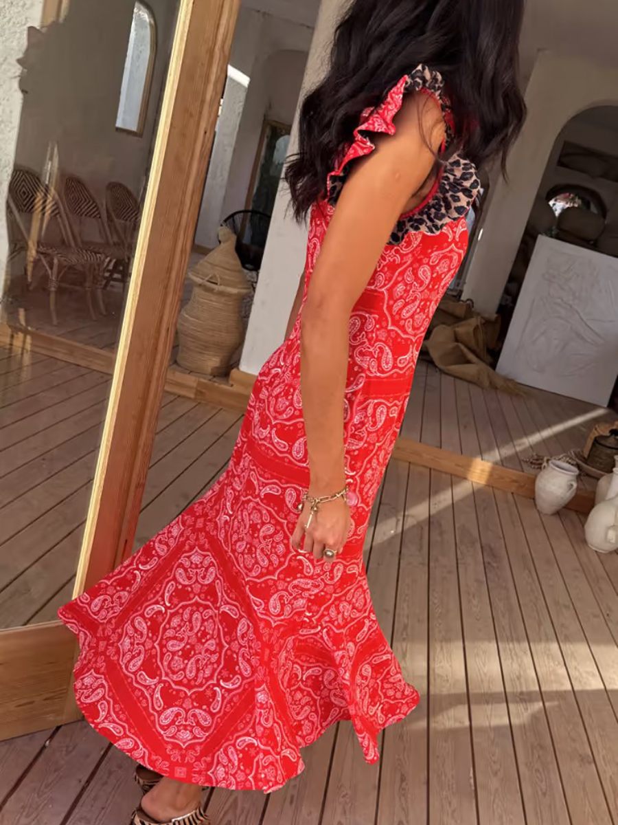 Red Bandana Remi Dress With Leopard Sleeve