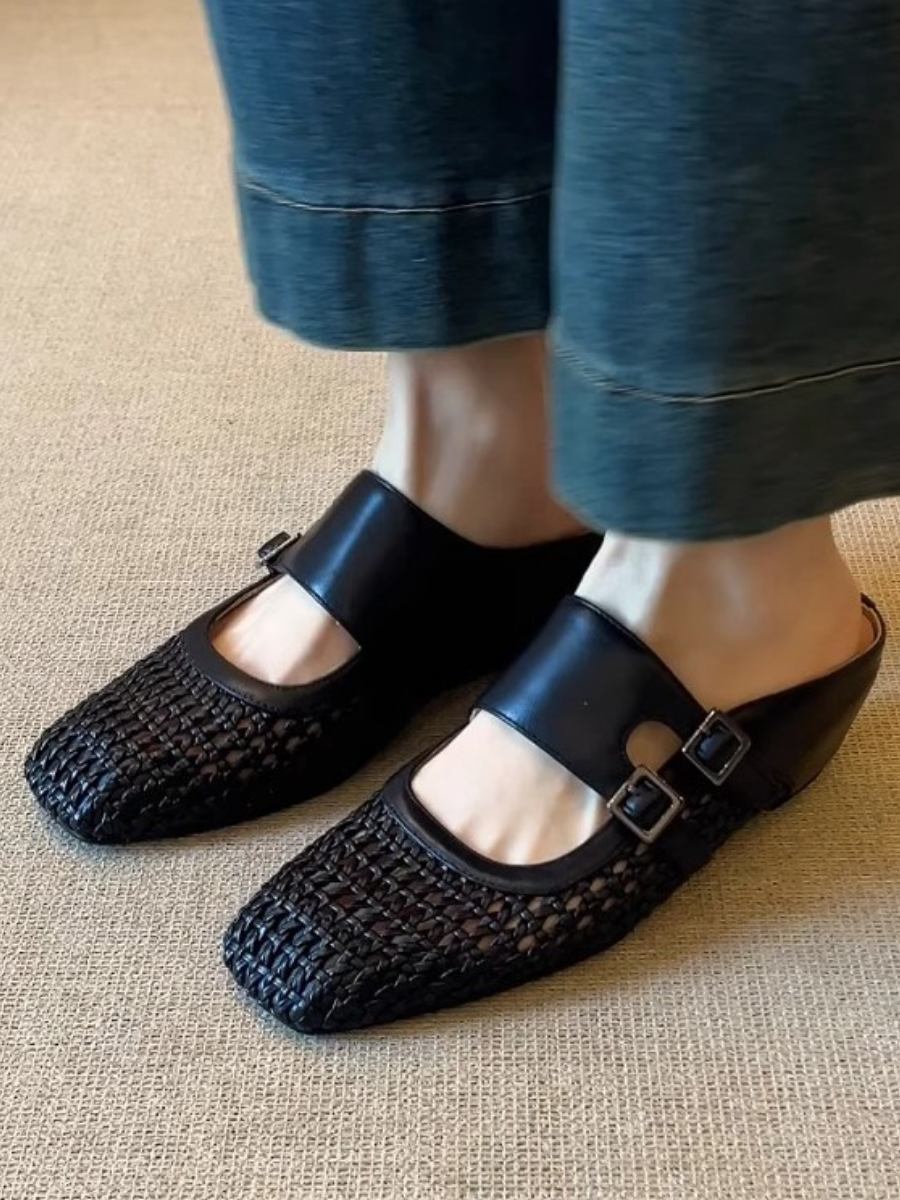 Woven Leather Double Buckle Mules | Square-Toe Wedge Slides for Women
