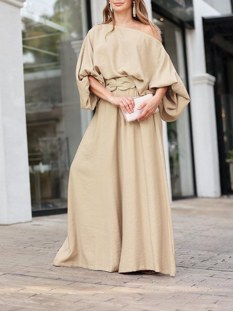 2026 Women's Skew Neck Lantern Sleeve Top & Wide Leg Pants Set