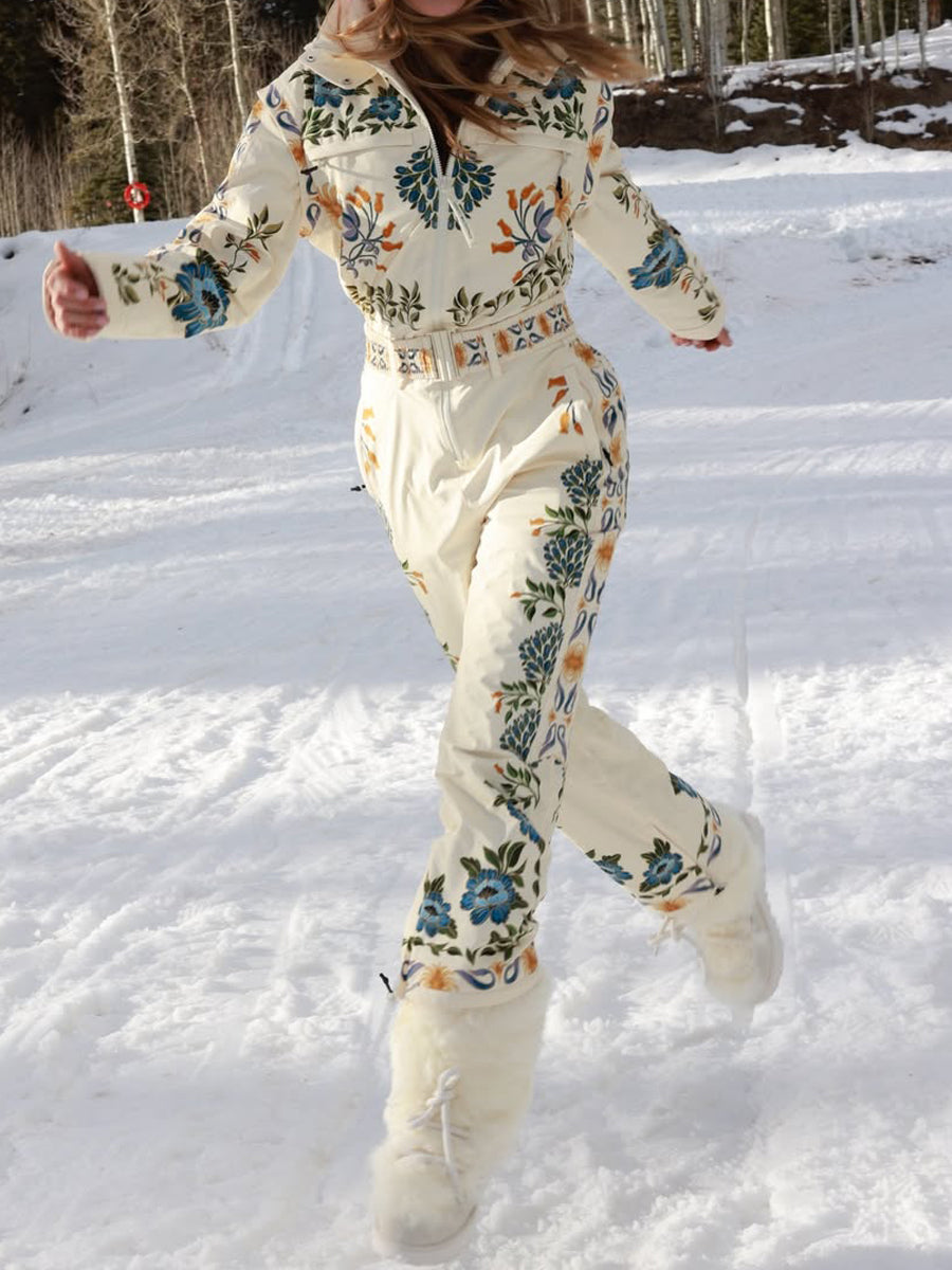 Winter Printed Hooded Belted Ski Jumpsuit