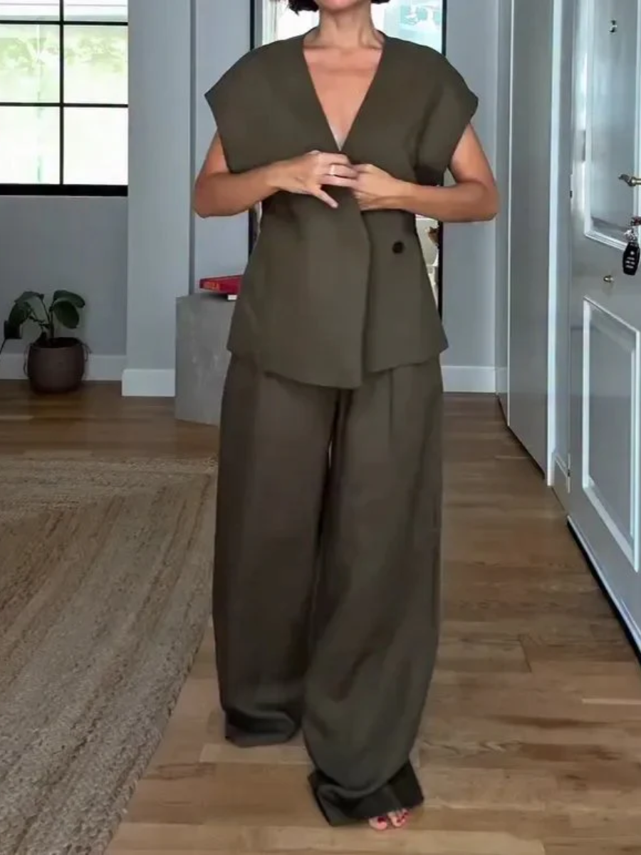 Ladies' V-neck Waist Cinched Top  Pants Casual Suit