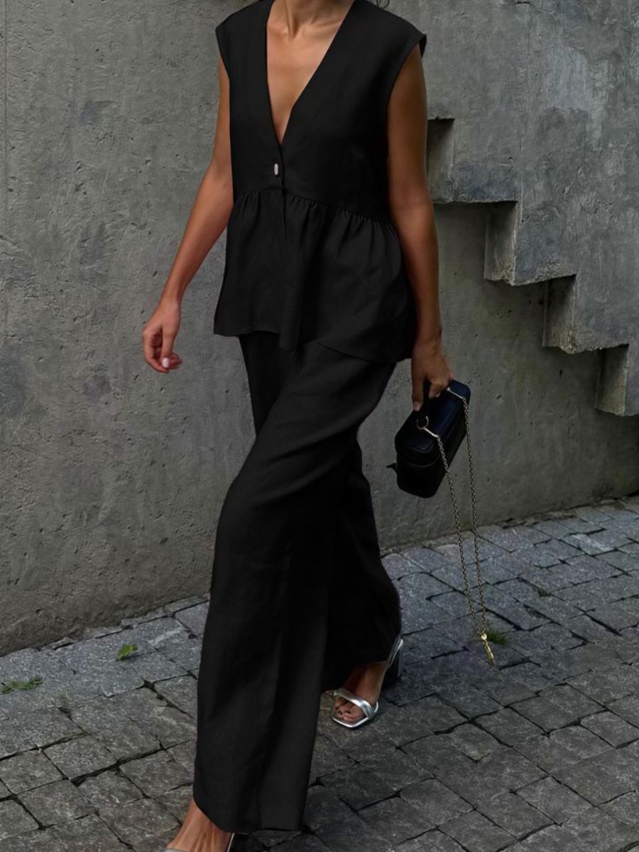 Ladies' V-neck Patchwork Top  Pants Casual Suit
