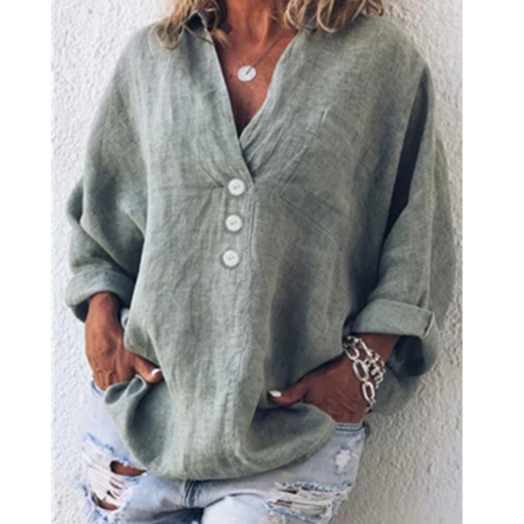Relaxed Linen-Blend Button-Front Top