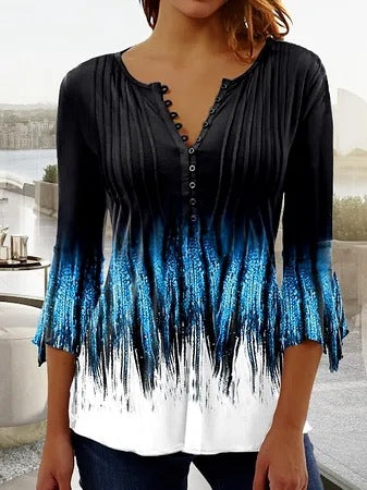 Gradient Pleated V-Neck Button Front Top