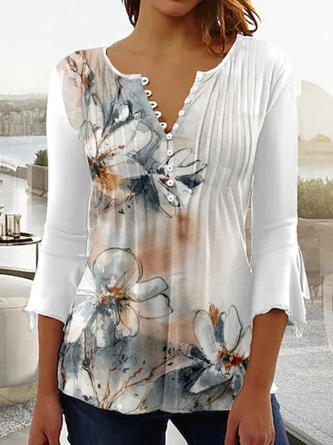 Gradient Pleated V-Neck Button Front Top