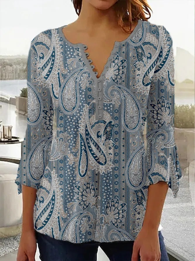 Gradient Pleated V-Neck Button Front Top