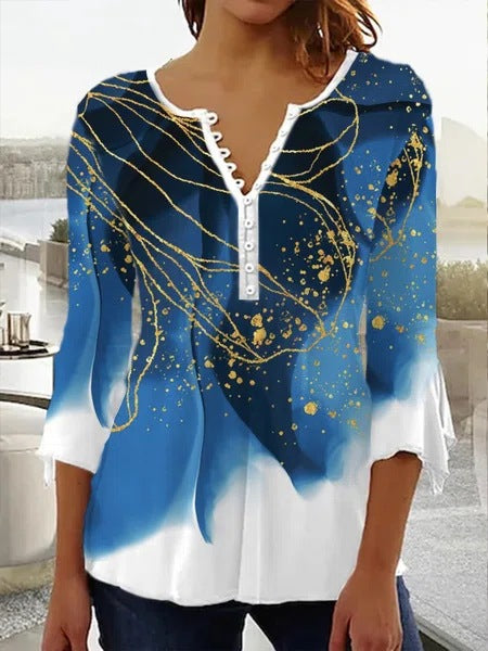 Gradient Pleated V-Neck Button Front Top