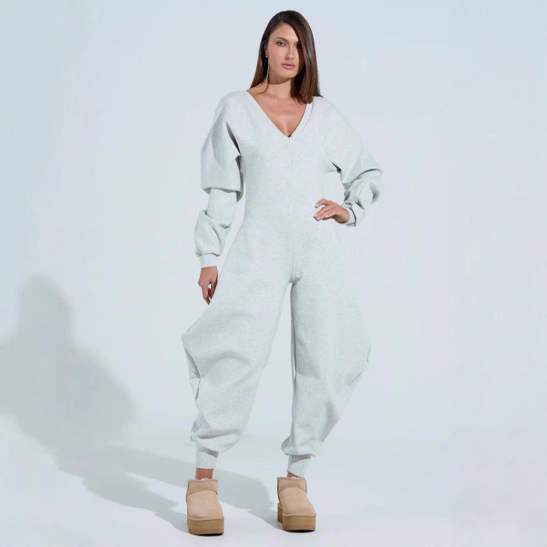Camo V-Neck Long Sleeve Jumpsuit