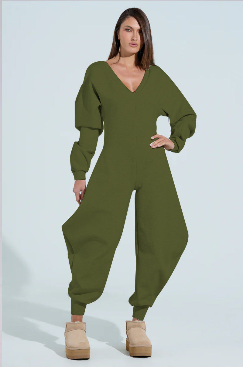Camo V-Neck Long Sleeve Jumpsuit