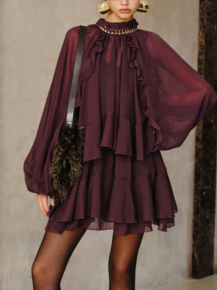 Soft Ruffle Chiffon Mini Dress with Built-In Lining