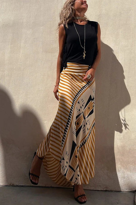 Satin Geometric Print Elastic Waist Maxi Skirt