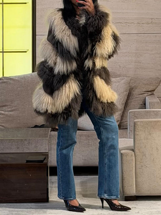 Fashion Color Block Faux Fur Coat