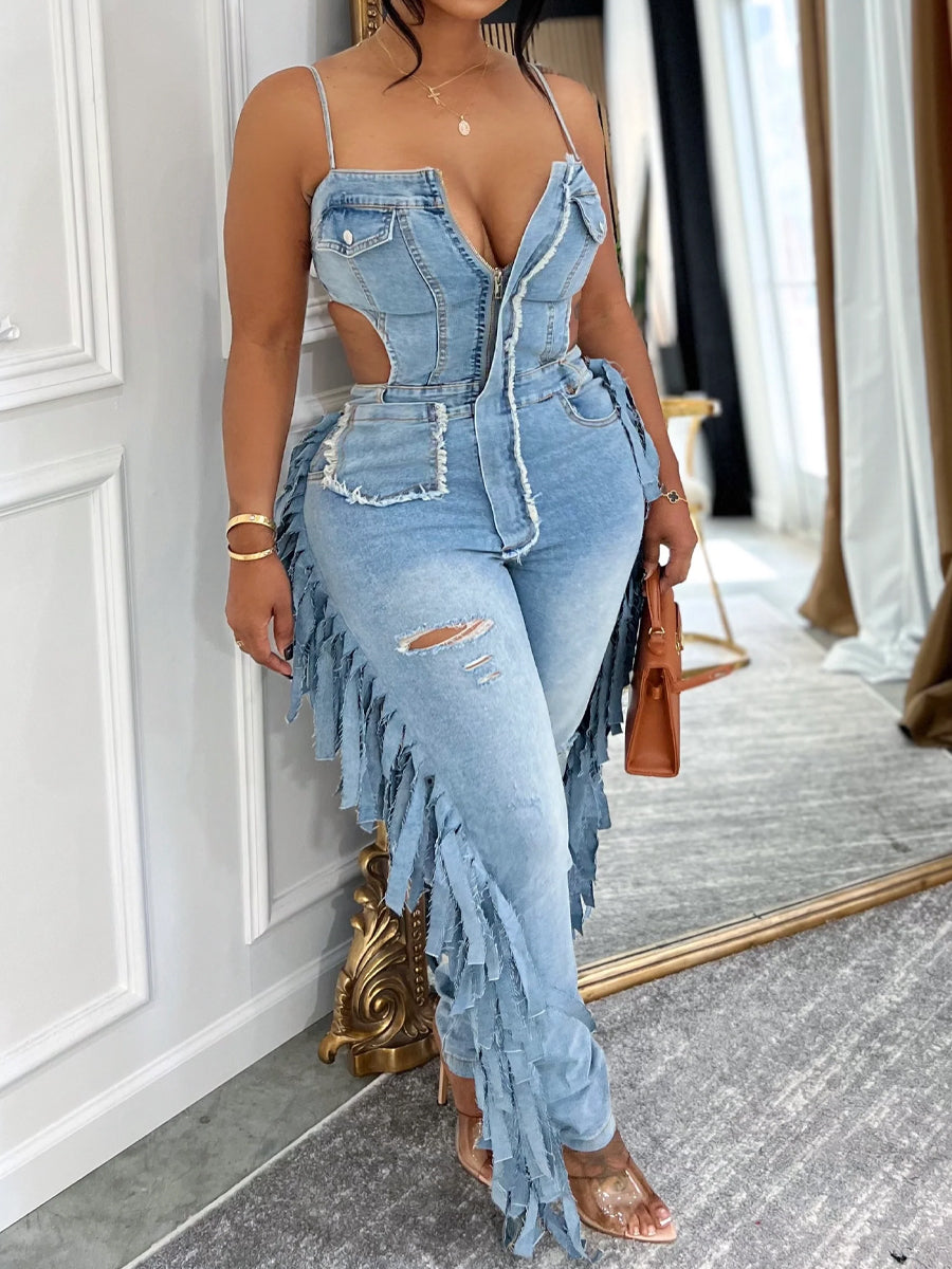 Fringe Detail Cut-Out Denim Jumpsuit